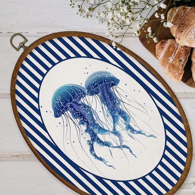 WULQYING Coastal Beach Jellyfish Wall Art Decor, Ocean Nursery Oval Framed Canvas Art Prints, Blue Striped Ocean Beach Jellyfish Wall Hanging Decor for Home Bedroom Kids Nursery Room, 8.6x11.4 Inches