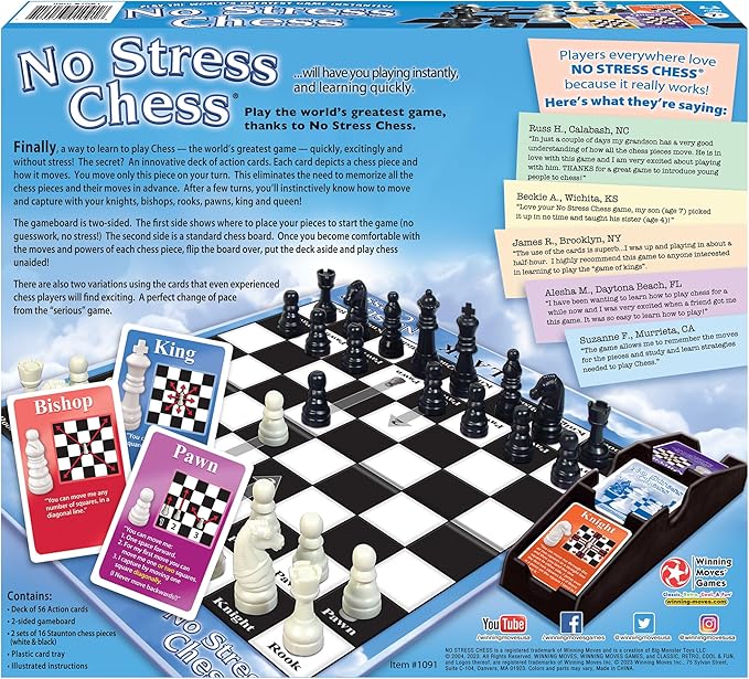 No Stress Chess by Winning Moves Games USA, Celebrating 20 Years as the Chess Teaching Game Using Innovative Action Cards, for 2 Players, Ages 7+ (1091)