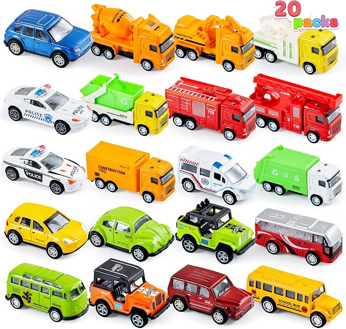 JOYIN 20PCS Die Cast Pull Back Cars, Metal Toy Cars, Car Toys Bulk, Vehicle Set for Toddlers, Kids Party Favors, Cake Toppers, Stocking Stuffers, Race Cars Toys for Boys