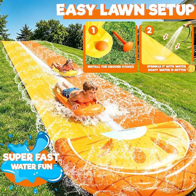 iGeeKid Pineapple 20FT Double Lawn Water Slides, Heavy Duty Water Toys Sprinkler 2 Race Lane with 2 Bodyboards for Kids Adults Backyard Outdoor Summer Beach Swimming Pool Water Game Party