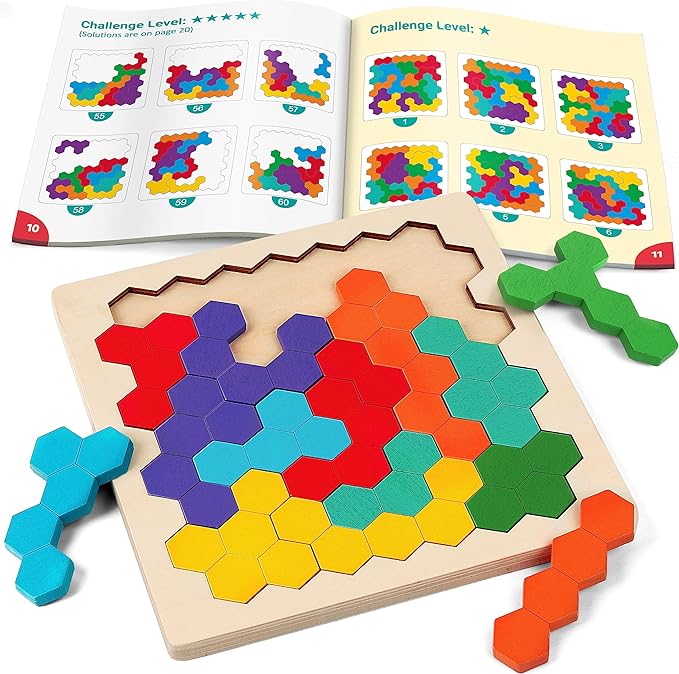 Coogam Wooden Tangram Puzzle, Color Shape Pattern Jigsaw Brain Teasers 3D Logic IQ Game Geometric Blocks Montessori STEM Educational Toys Gift for All Age