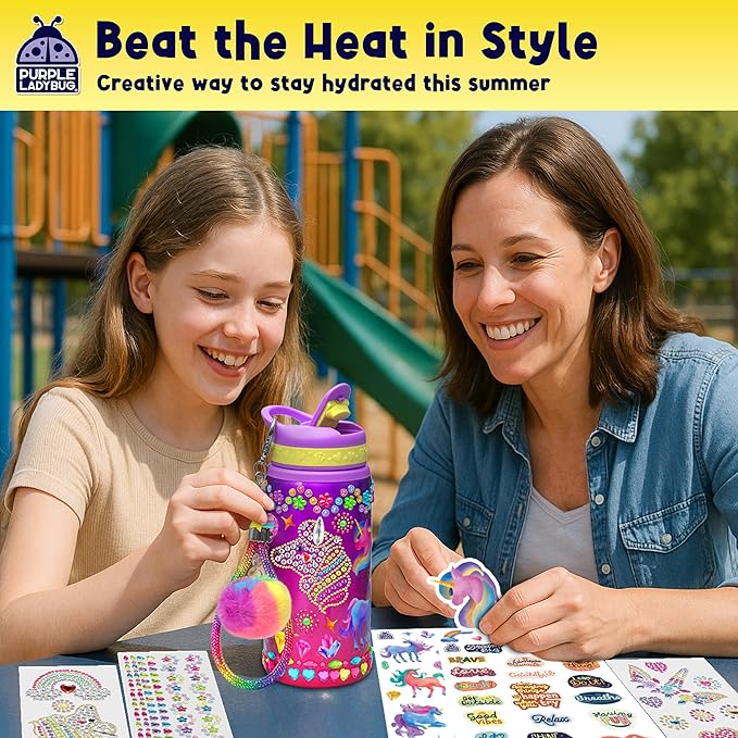 PURPLE LADYBUG Decorate Your Own Water Bottle Kit for Girls - Gift for Girls Ages 5 6 7 8 9 10 Year Old Girl Birthday Gift, Unicorn Toys Crafts Kids Ages 6-12 Summer Crafts for Kids