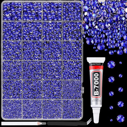 25000Pcs Resin Rhinestones for Crafting, Royal Blue 2-6mm Mixed Sizes Non Hotfix Flatback Gems with 1Pcs Glue, Bedazzling Crystal for DIY Craft Clothing Mugs Tumblers Shoes Fabric Decor Nail Art
