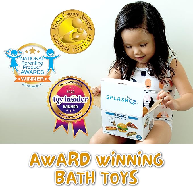 SplashEZ Food Bath Toys | Mold Free Bath Toys for Kids & Toddlers with No Hole for Water | Ideal Size for Little Hands | Safe, Durable for Baby Tub Ages 0 & Up | Ice Cream Taco Hamburger Hot Dog Pizza