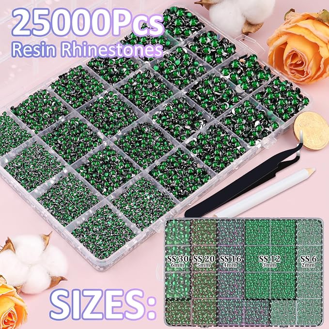 25000Pcs Resin Rhinestones for Crafting, Emerald Green 2-6mm Mixed Sizes Non Hotfix Flatback Gems with 1Pcs Glue, Bedazzling Crystal for DIY Craft Clothing Mugs Tumblers Shoes Fabric Decor Nail Art