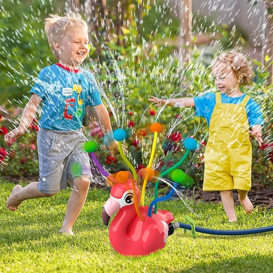 Water Sprinkler Toy for Kids, Outdoor Spinning Sprinkler with Wiggle Water Tubes, Connects to Garden Hose, Backyard Lawn Splash Toy for Summer Outdoor Play, Flamingo