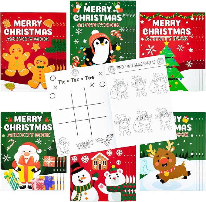 Dvbonike 24Pcs Christmas Activity Books for Kids Bulk Merry Christmas Mini Fun Games Coloring Book Santa Snowman Reindeer Party Favors Goodie Bags Stuffers Birthday Classroom School Rewards Supplies