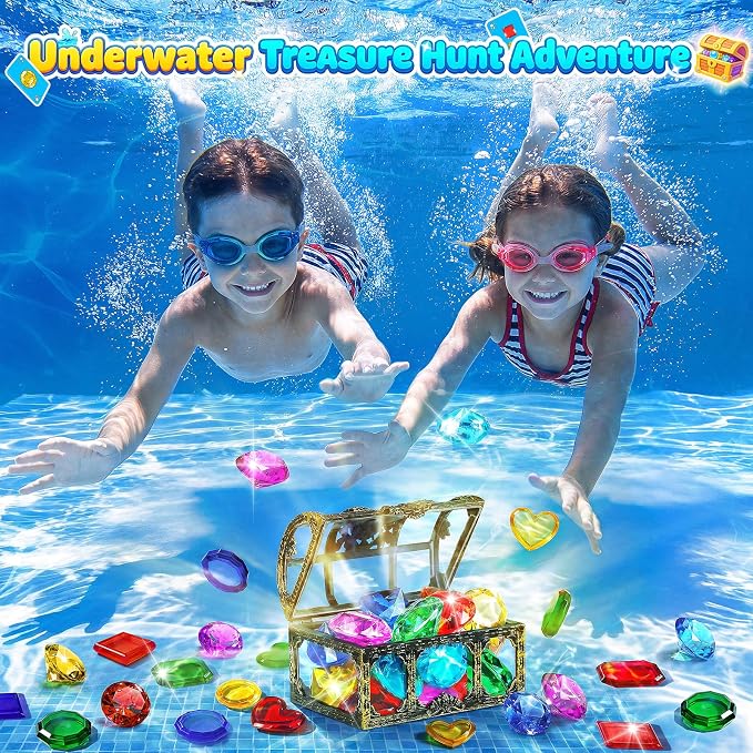 DISHIO Diving Toys for Kids, Seek Treasure Underwater Pool Gem Hunt Pool Game with 60PCS Sinking Gems, Pirate Treasure Chest, 35PCS Game Cards, Summer Swimming Pool Toys for Toddlers Kids Age 3-10