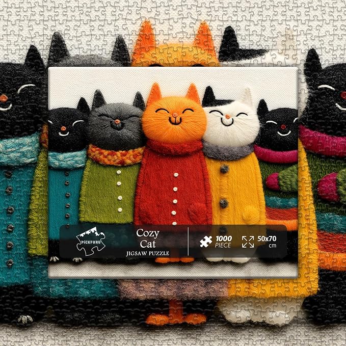 Cat Puzzle for Adults,Cozy Cat Art Jigsaw Puzzle 1000 Pieces, Cute Colorful Kitten Puzzles Embroidery Style, Funny Whimsical Cat Puzzle Kitty Challenge