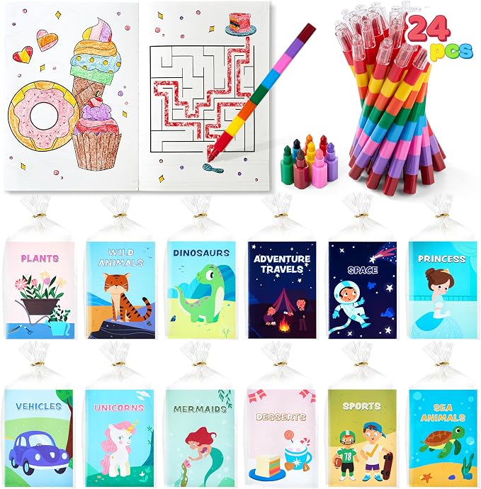 JOYIN 24-Pack Mini Coloring Books Crayons, Bulk Coloring Book Set, Party Favor for Kids 4-8, Birthday Goodie Bags, Classroom Gifts for Students