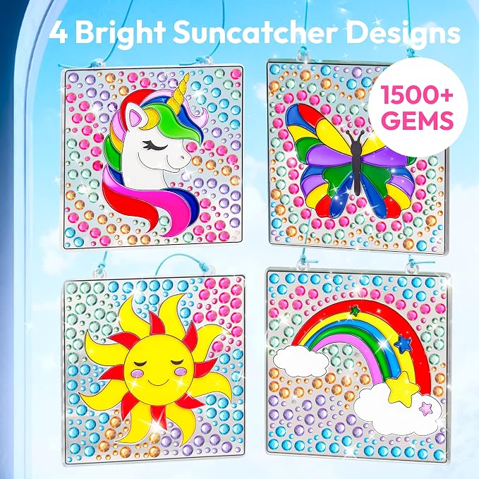 Klever Kits 4PCS Window Art, 2-in-1 Gems and Gels Suncatcher, 2 Ways to Play Diamond and Gels, Arts & Crafts Toys for Boys Girls, Christmas Birthday Gifts for Kids Age 6 and Up