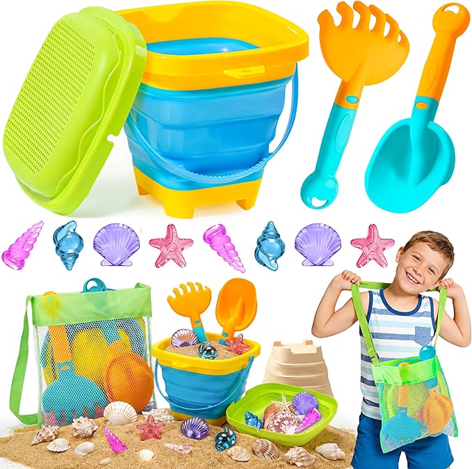DUDUCOFU Collapsible Beach Sand Toys for Kids Toddlers, Collapsible Sand Buckets Sifter and Shovels Rake Diving Gem Pool Toy Set with Mesh Bag, Travel Beach Vacation Essentials Toys for Boys Girls