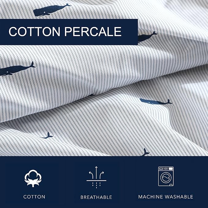 Nautica - King Size Sheets Set, Crisp & Tailored Cooling Sheets with a Smooth Cotton Percale Lightweight Feel - Bed Sheets with Matching Pillowcases & Fitted Sheet (Whale Stripe Blue)