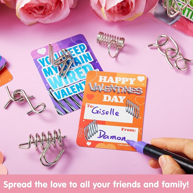 JOYIN 28PCS Valentine's Day Metal Wire Puzzles with Cards for Kids, Brain Teaser Puzzles with Explanation of the Solution and Valentine's Day Cards, School Classroom Boys Girls Exchange Gifts
