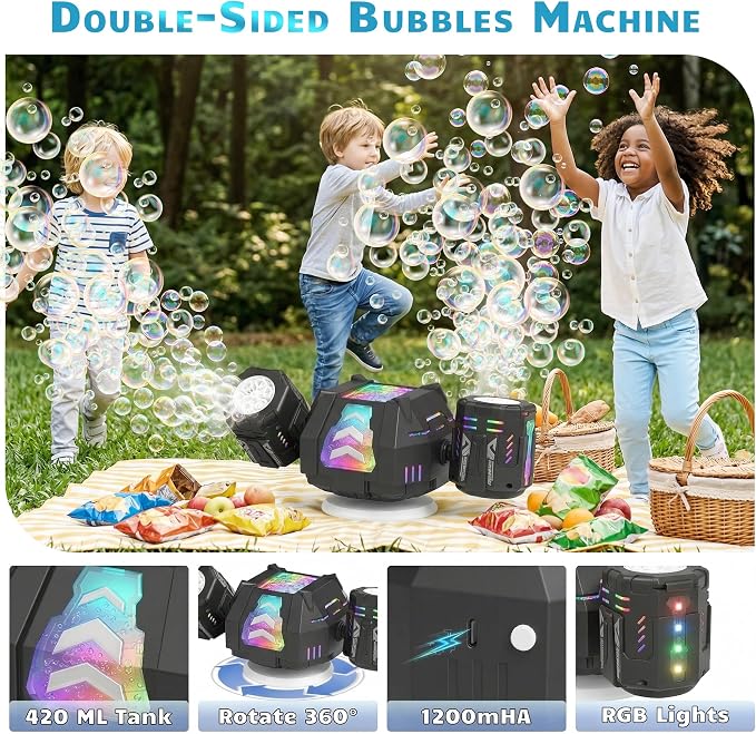 Bubble Machine, Rechargeable Dual-Nozzle Bubble Machine with Remote Control, 30000+ Bubbles Per Minute, RGB Lights, Bubble Machine for Kids, Weddings, Birthday Parties, Outdoor Activities