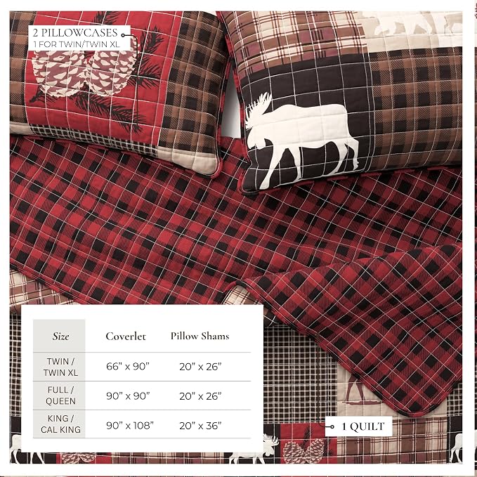 Great Bay Home Lodge Quilt Set - 3-Piece King/California King Size Rustic Bedding Set - Lightweight, All-Season, Reversible Bedspread (Hemlock Red/Brown)