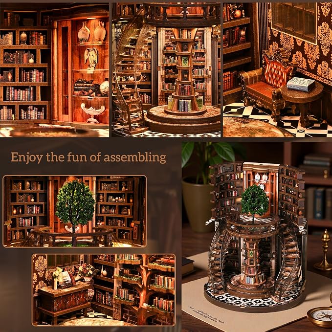 DIY Book Nook Kit for Adults, 3D Wooden Puzzle Tree of Wisdom Miniature Library Kit with Transparent Door & LED, Aesthetic Bookshelf Decor Building Gift for Men Friends (356 PCS