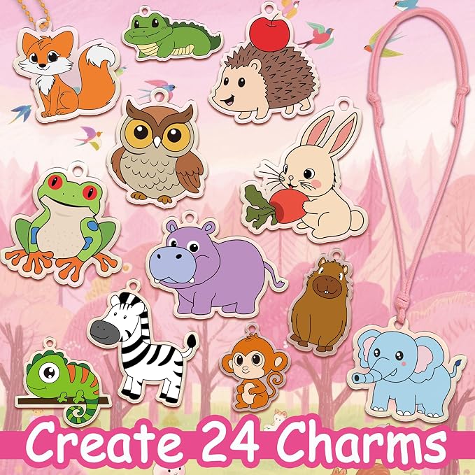 Shrink Fun 75PCS Shrinky Dinks Sheets Craft Kits for Kids, Includes 24 Pre Cut Forest Animal Charms, 24 Learning Cards and More, Keychain&Necklace Making Kit for Girls, Ideal Party Favor Age 6+