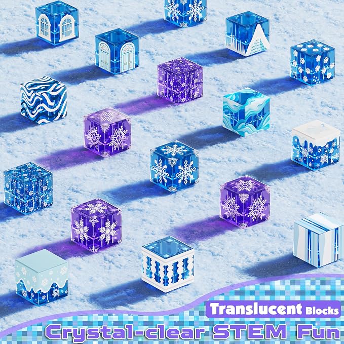 200 PCS Light Up Magnetic Blocks, Transparent Magnetic Building Block for Blue Snow Princess Castle, Frozen Magnet Cubes STEM Toys for Girls Age 3 4 5 6 7 8 9 10 11 12 13 Birthdays Gift for Kids