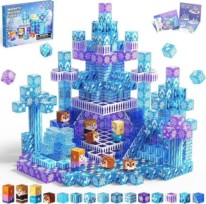 Magnetic Blocks, 48PCS Magnetic Building Cube Set for Kids Ages 3+, Constructions STEM Stacking Tiles Toy Building Birthday Gifts for Girls