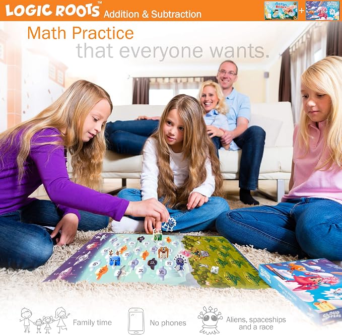 Addition and Subtraction Game - Fun Math Board Game for 6-8 Year Olds, Easy to Play Educational Game for Kids at Home, STEM Toy Gift for Girls & Boys (Ocean Raiders + Cloud Hoppers)