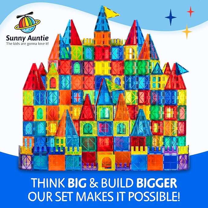 SUNNY AUNTIE Magnetic Tiles 150 PCS XL Set with Storage Bag – Magnetic Building Tiles for Kids Ages 3-8, STEM Magnet Construction Toy for Boys & Girls