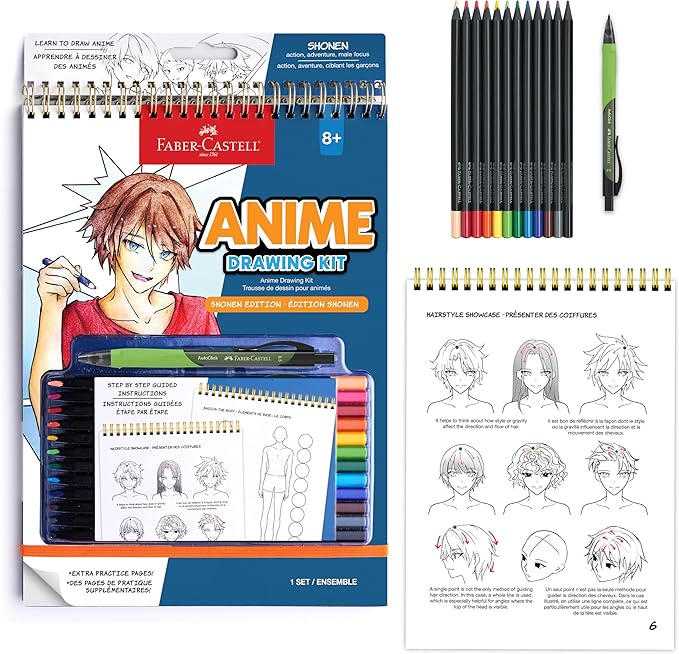 Faber-Castell Anime Drawing Kit: Shonen Edition | Step-by-Step Instruction Book with 20 Practice Pages, Color Pencil Set & Drawing Supplies for Kids, Summer Craft Supplies (1 Book)