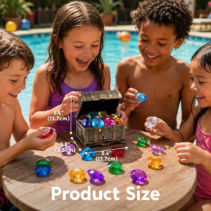 Sloosh Diving Gems Pool Toys, 16 Big Colorful Diamond with Pirate Treasure Chest,Swim Dive Toy for Kids Underwater Gemstone Swimming Training Gift Water Pool Games(Gold)