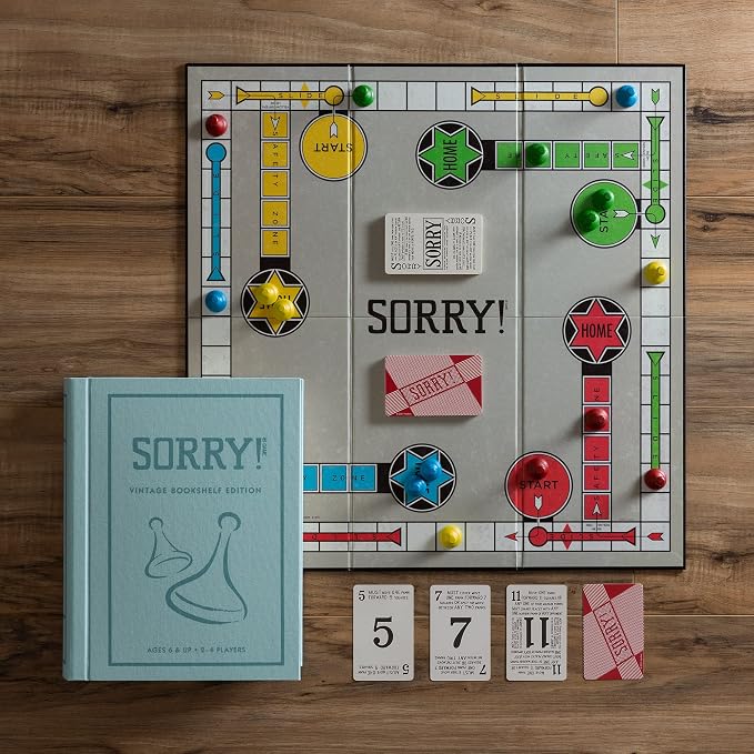 Sorry! Vintage Bookshelf Edition by WS Game Company - Classic Board Game in Linen-Wrapped Book Case with Retro 1958 Design, Wooden Pawns, and Full-Size Folding Game Board, for 2-4 Players, Ages 6+