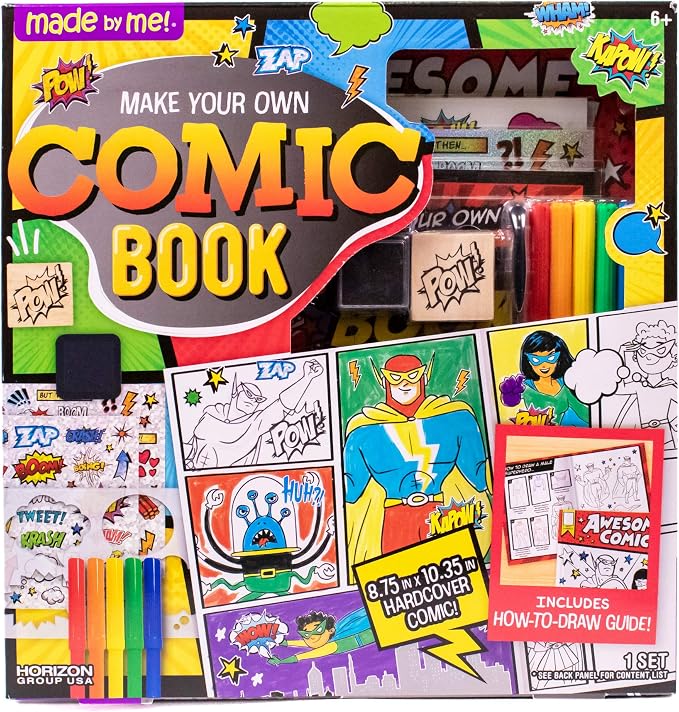 Made By Me Make Your Own Comic Book Storytelling Kit for Kids, 15-Page, Hardcover, How-to Draw Instructional Guide, Comic Inspired Stickers & Stamp, Holographic Stickers, 5 Vibrant Markers