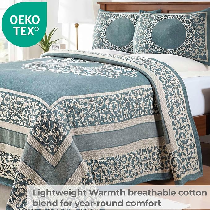 Superior Lyron Cotton Blend Bedspread Set, Includes 1 Tailored Bedspread and 1 Matching Pillow Sham, Lightweight Blanket, Bedding Decor, Jacquard Vintage Floral Mandala, Twin, Cerulean Blue