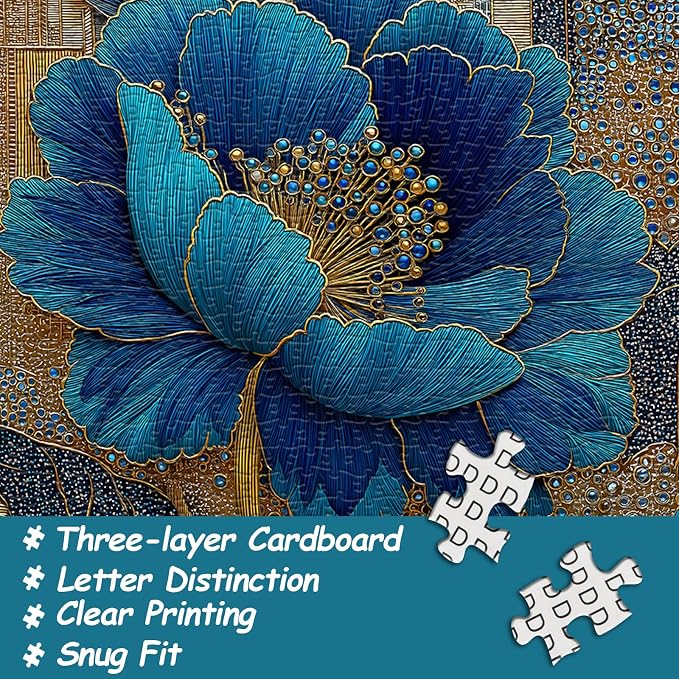 Blue Flower Puzzles for Adults 1000 Pieces, Beautiful Vintage Elegant Floral Jigsaw Puzzles, Diamond Aesthetic Art Plant Theme Puzzle Challenge for Adults Artistic