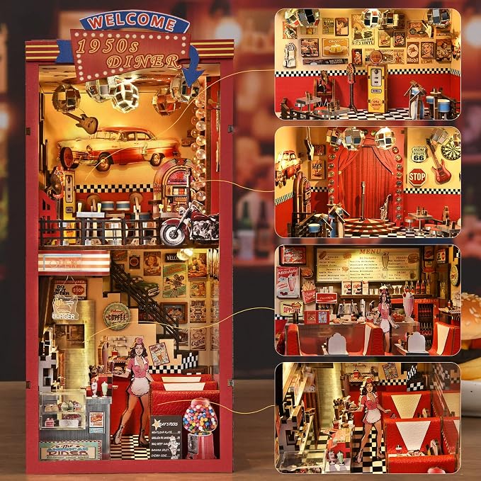 fifijoy Book Nook Kit - DIY Miniature House Dollhouse Kit for Adults and Teens, Booknook Retro Diner Bookshelf Decor 3D Wooden Puzzle with LED Light, Gifts for Family and Friends (1950s Diner)