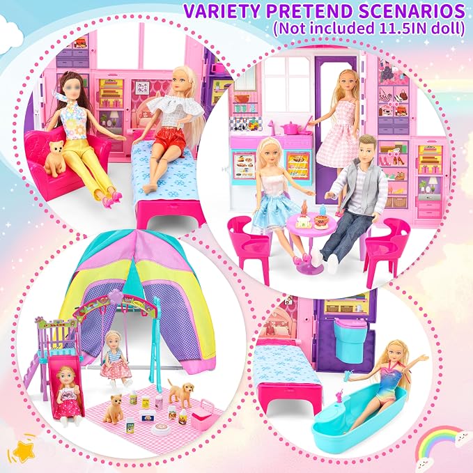 Style Shine Doll House Portable & Foldable Dollhouse w/ 60+ Pcs & 2 Dolls, Play House Toy with Bedroom Kitchen Furniture Camping Playset, Playhouse Gift for Girl Kid Toddler