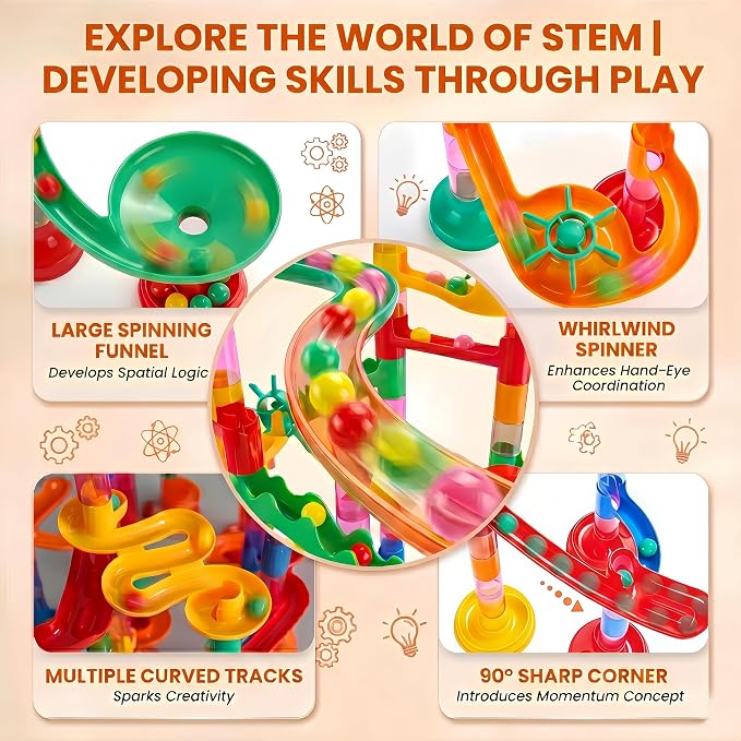 232 PCS Marble Run STEM Building Toys for 3+ Years, Creative Marbel Run with 45 Colourful Plastic Marbles, Educational Construction Track Set, Gift for 3 4 5 6-8-12 Year Olds Boys Girls