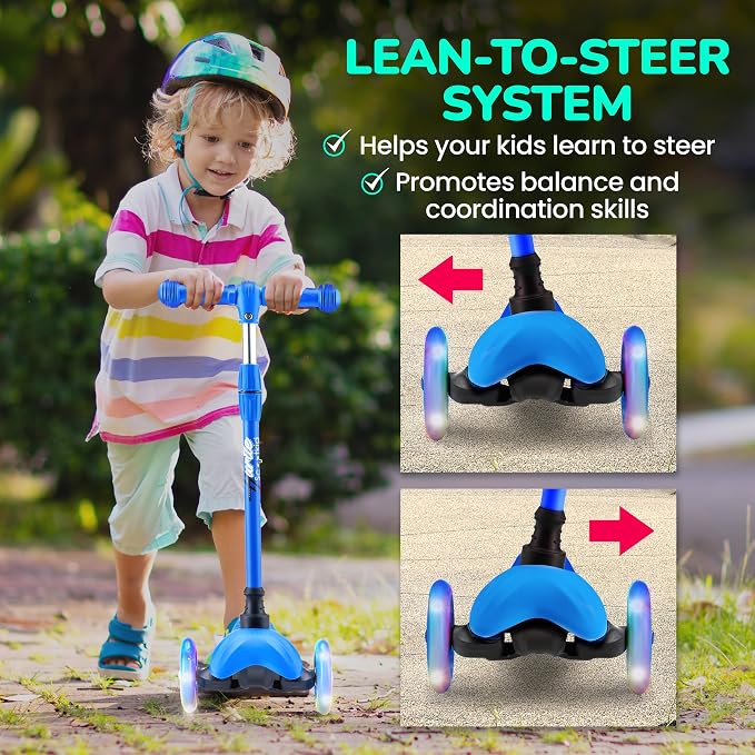 Hurtle Mini Kickboard 3 Wheel Scooter for Kids Ages 2-5 - Lean-to-Steer Toddler Scooter with Light-up LED Wheels, Adjustable Height & Rear Foot Brake for Boys. & Girls, Anti-Slip, Indoor/Outdoor
