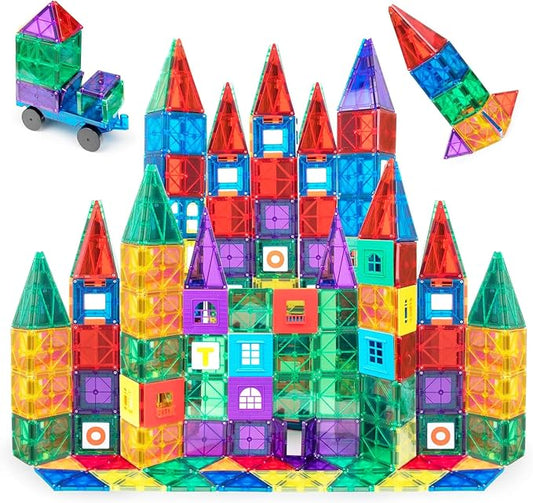 Playmags Magnetic Tiles for Kids 150-Piece Set, STEM Educational Building Blocks Toys for Kids, Includes Click-in ABC Learning Tiles, Gift for Boys & Girls, Add on Magnetic Figures, Car Set Available