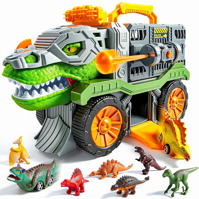 Vroomix JOVA Dinosaur Toys for Kids 3-5, Dinosaur Carrier Truck with 2 Pcs Cars and 6 Pcs Figures for Toddlers, T.Rex Truck with Launcher and Darts, Birthday Gifts Toys for 3 4 5+ Year Old Boy