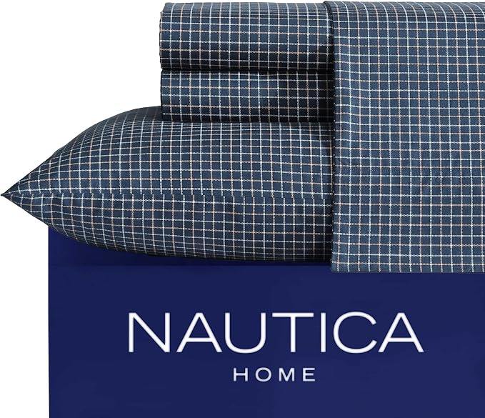 Nautica - Twin XL Sheets, Premium Cotton Percale Bedding Set, Plaid Home Decor, Oeko-Tex Certified (Reece Plaid Navy, Twin XL)