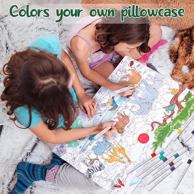Mindsoft Coloring Pillowcase with 12 Pcs Markers Color Your Own Pillowcase Kit for Coloring Craft Decoration Supplies, 28.7 x 19.7 Inch(Wild Animals)