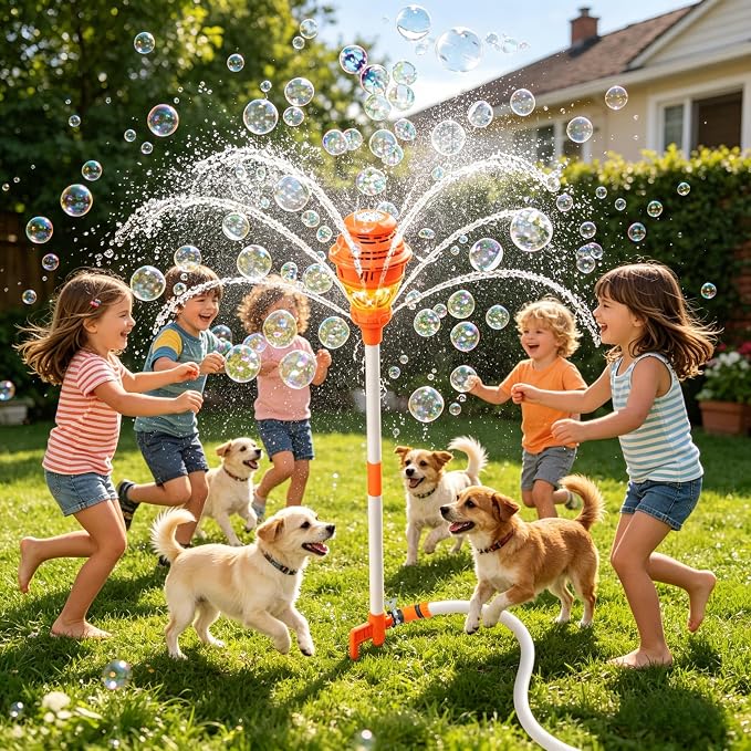 2-in-1 Standing Bubble Machine & Water Sprinkler for Kids, Battery Operated with Lights Music, Summer Outdoor Backyard Water Toy for Boys Girls Age 3+