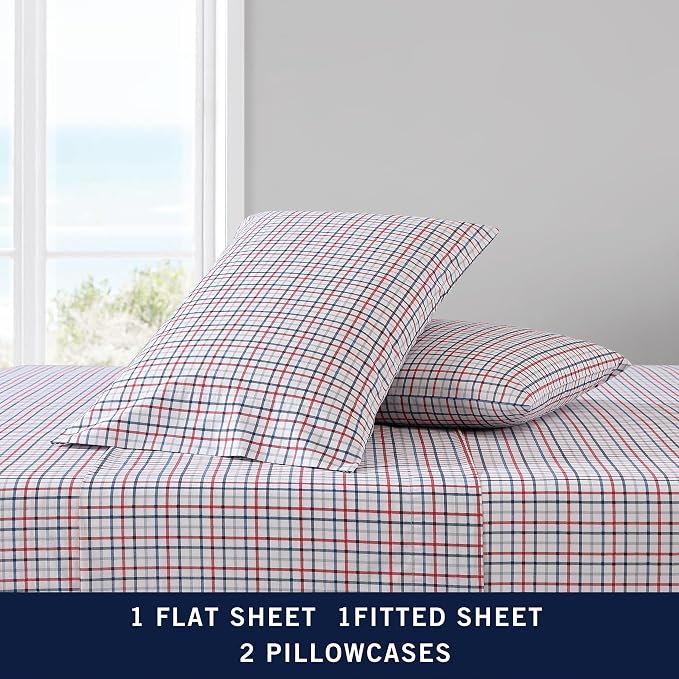Nautica – Queen Size Sheet Set, Crisp Cotton Percale Bedding with Matching Pillowcases, Lightweight & Breathable Bed Sheets, Deep Pocket, College Dorm Room Essentials (Boating Tattersall Grey)