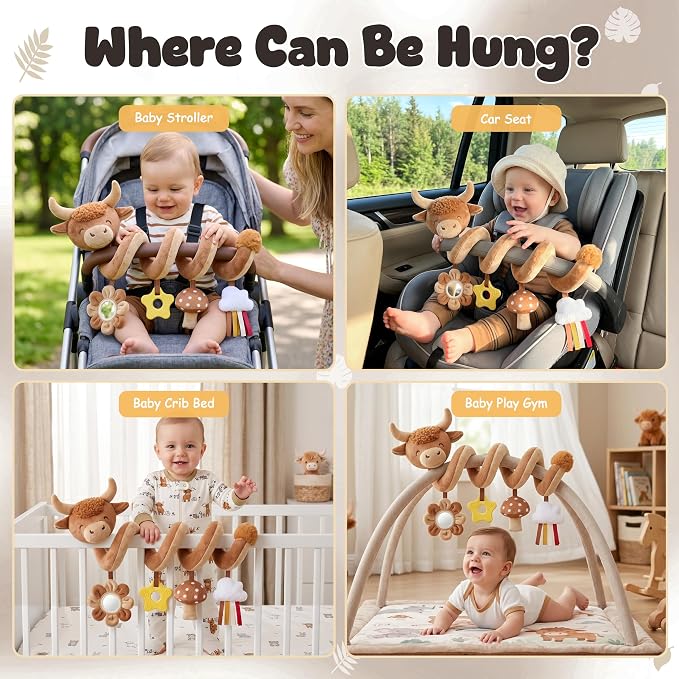 Stuffed Highland Cow Spiral Car Seat Toys for Babies 0-3-6-12 Months, Infant Stroller Toy with Mushroom Pendant & Star Teether Hanging, Cute Baby Registry Search & Shower Gifts for Newborns