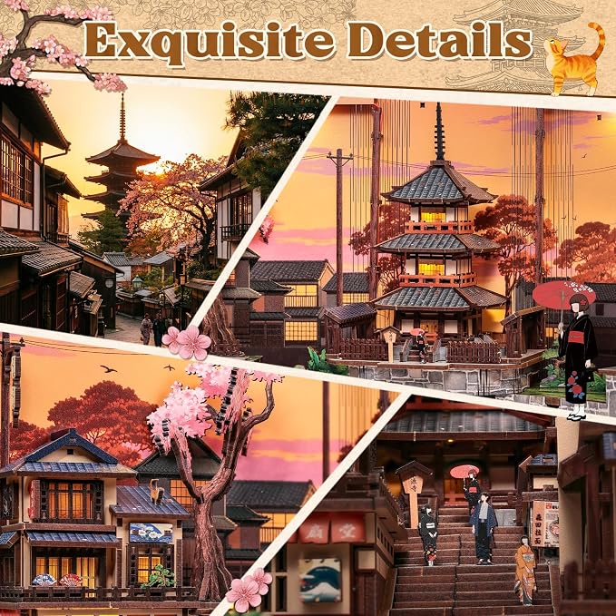 CUTEBEE Book Nook Kit - DIY Miniature House Japanese Street Diorama, Fold-Out Dollhouse Booknook for Adults, Tiny House Bookshelf Decor 3D Wooden Puzzle Gifts (Twilight Sakura Path)