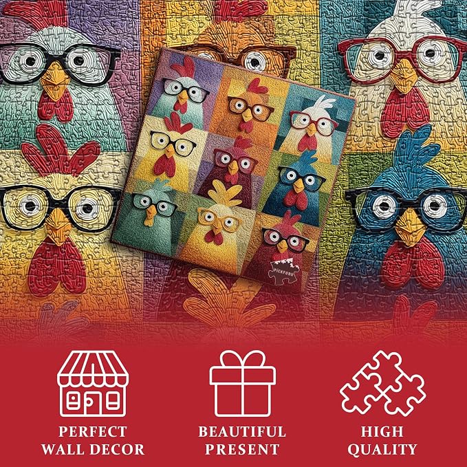 PICKFORU Funny Chicken Puzzles for Adults 1000 Piece, Animal Colorful Rooster Puzzle Patchwork Quilt, Impossible Hard Challenge Jigsaw Puzzle