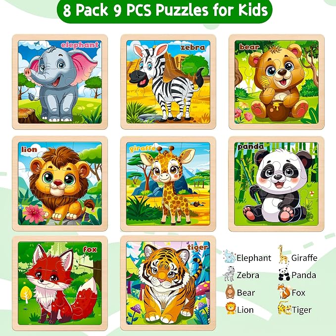 Wooden Animals Puzzles for Toddlers, 8 Pack 9 PCS Jigsaw Puzzles for Kids, Wooden Puzzles for Toddlers 3-5, Animal Puzzles for Kids 3-5, Preschool Puzzles Learning Educational Sets Toys