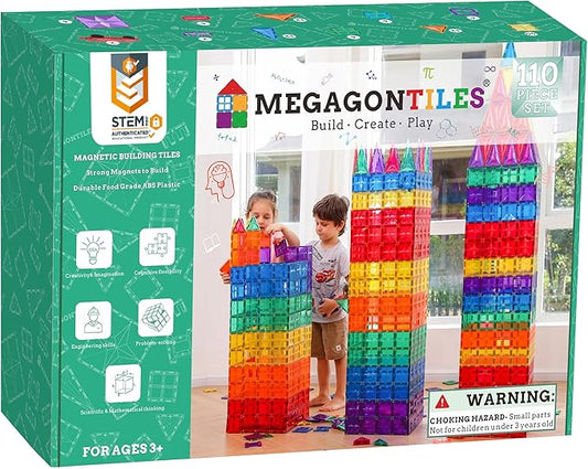 MEGAGONTILES 110PCS Premium Magnetic Tiles Set | STEM-Authenticated Magnetic Building Blocks | Educational Construction Toy for Kids Ages 3–8 (Boys & Girls)