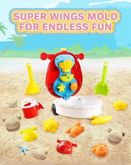 Super Wings Beach Toys Playset, Beach Toy for Kids Age 3+,Sandbox Toys 10 Pieces Including Shovel, Rake, Watering Can, Water Wheel and 6 Sand Molds - Travel Beach Toy