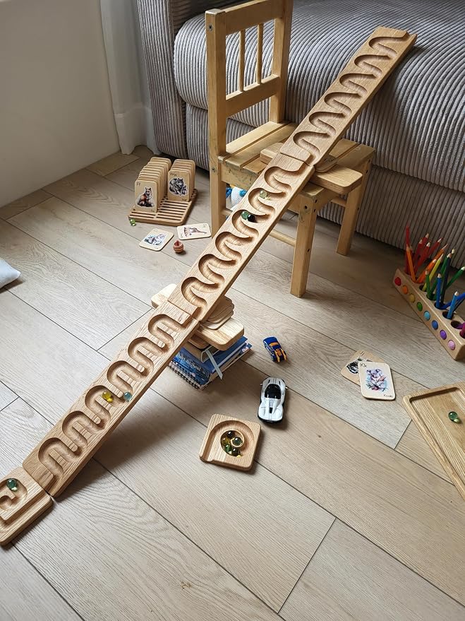 Wooden Marble Run Track Race Wooden Maze Board Ball Run Montessori Educational Toy Gift for Kids Winding Wave Roller Track(Set of 3)