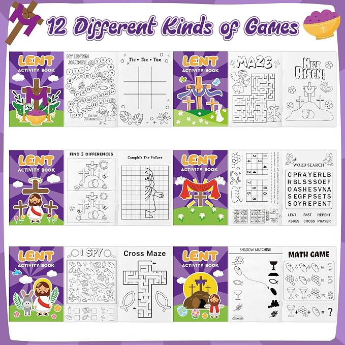 Easter Lent Activity Books for Kids - 24Pcs Christian Lent Mini DIY Games Coloring Book Set Bulk Mazes Word Search Word Scramble Games for Sunday School Classroom Easter Spring Holiday Party Favors